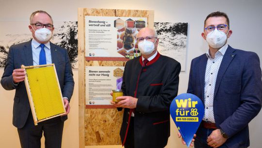 LH-Stv. Stephan Pernkopf, Josef Niklas (Präsident des NÖ Imkerverbandes) und Imker Leopold Schalhas werben für die Wichtigkeit der Kampagne 