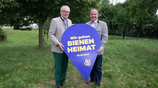 Stephan Pernkopf und Josef Pröll halten ein blaues