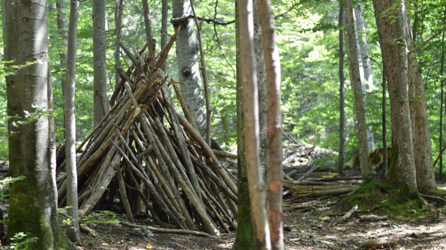 Holzpyramide in einem Wald